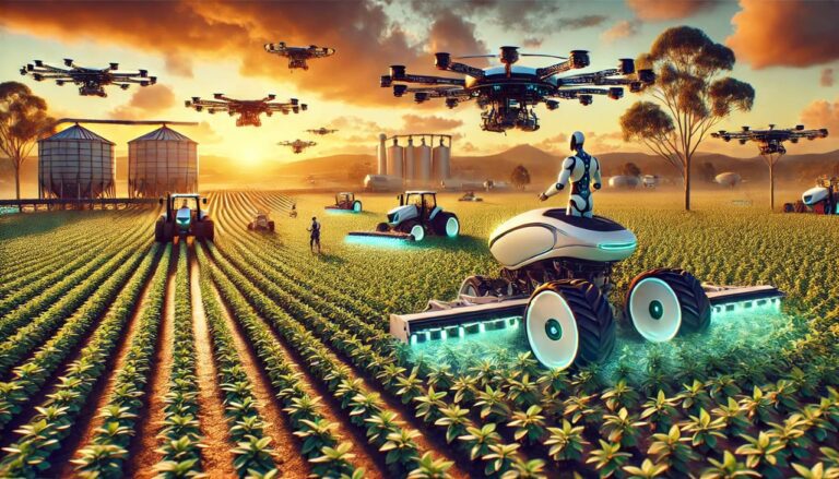 trabalho no campo moderno com drones e maquinas